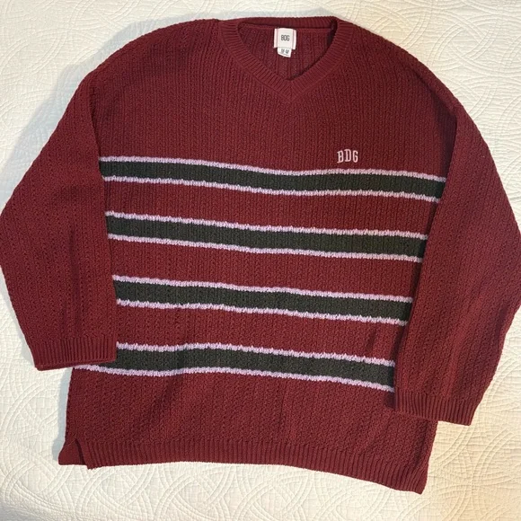 Urban Outfitters BDG Burgundy and Striped Chunky Knit Sweater Medium Grunge - Picture 2 of 9